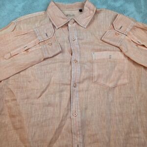 Raffi Linen Button Down Shirt Men L Long Sleeve Chest Pocket Casual Peach Orange